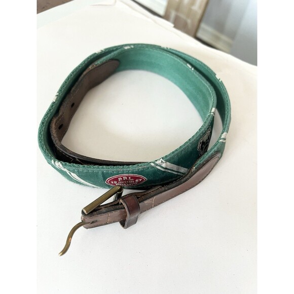 Polo Ralph Lauren Varsity Football Green Silk Leather Canvas Belt - Picture 1 of 14